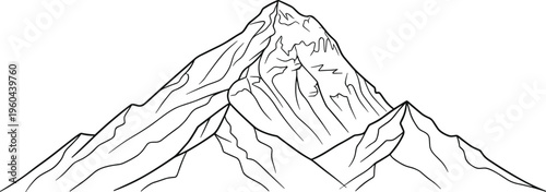 Minimalist mountain line art illustration with detailed peaks outline, nature landscape sketch, alpine scenery vector design