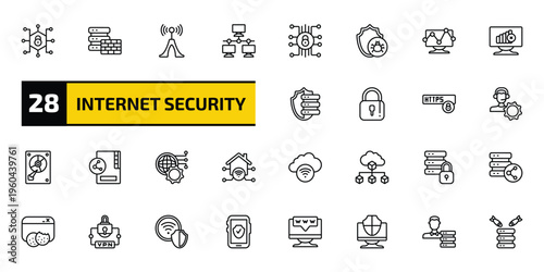 internet security outline icon set. 28 linear vector for ui, web and mobile. thin line private network, firewall, wireless connection and more icons.