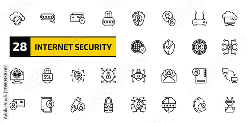 internet security outline icon set. 28 linear vector for ui, web and mobile. thin line cloud, password, credit card security and more icons.