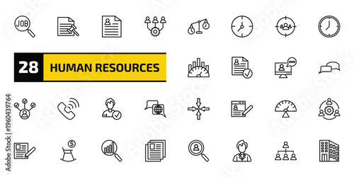 human resources outline icon set. 28 linear vector for ui, web and mobile. thin line job search, grievance, resume and more icons.