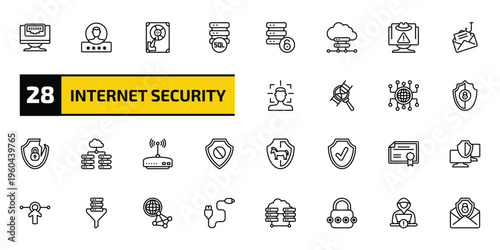 internet security outline icon set. 28 linear vector for ui, web and mobile. thin line ethernet, authentication, hard drive and more icons.