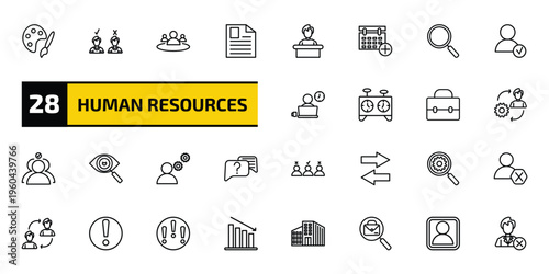 human resources outline icon set. 28 linear vector for ui, web and mobile. thin line art, candidates, human resources and more icons.