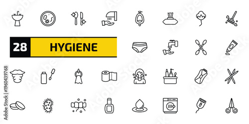 hygiene outline icon set. 28 linear vector for ui, web and mobile. thin line washbowl, pathogen, food hygiene and more icons.