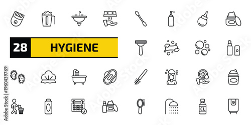 hygiene outline icon set. 28 linear vector for ui, web and mobile. thin line epilator, detergent dose, washbasin and more icons.