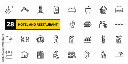 hotel and restaurant outline icon set. 28 linear vector for ui, web and mobile. thin line breakfast, room key, beach hotel and more icons.
