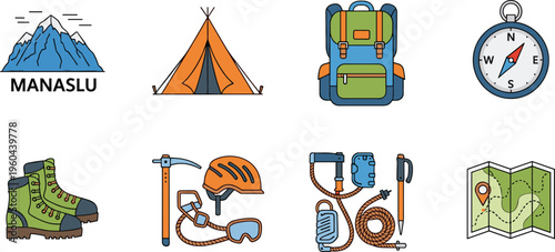 Mountain hiking and camping icons set with tent backpack boots compass and gear, outdoor adventure concept flat vector illustration