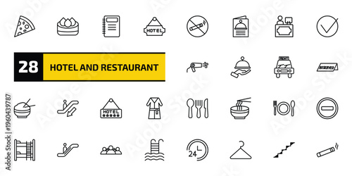 hotel and restaurant outline icon set. 28 linear vector for ui, web and mobile. thin line pizza, dim sum, agenda and more icons.