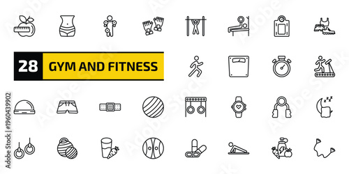 gym and fitness outline icon set. 28 linear vector for ui, web and mobile. thin line fitness nutrition, fitness body, anatomy and more icons.