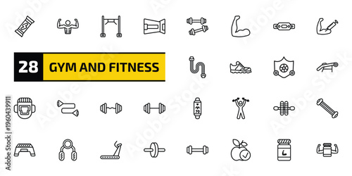 gym and fitness outline icon set. 28 linear vector for ui, web and mobile. thin line energy snack, bodybuilder, training apparatus and more icons.
