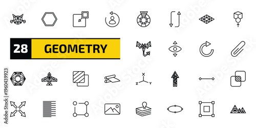 geometry outline icon set. 28 linear vector for ui, web and mobile. thin line polygonal cat, octagon, insert and more icons.
