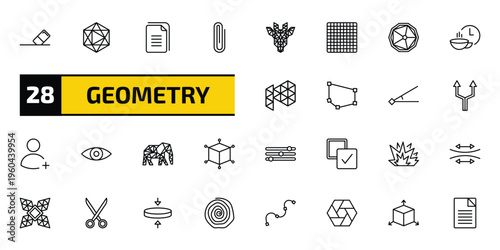geometry outline icon set. 28 linear vector for ui, web and mobile. thin line erase, icosahedron, copy and more icons.