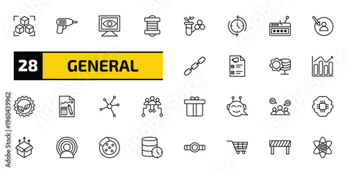 general outline icon set. 28 linear vector for ui, web and mobile. thin line model preparation, perforator, computer vision and more icons.