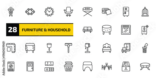 furniture & household outline icon set. 28 linear vector for ui, web and mobile. thin line cuckoo clock, dining table, wall clock and more icons.