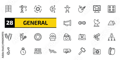 general outline icon set. 28 linear vector for ui, web and mobile. thin line office cabinet, building crane, implementation and more icons.