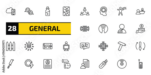 general outline icon set. 28 linear vector for ui, web and mobile. thin line digital product, brand engagement, massage oil and more icons.