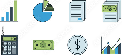 Finance and accounting icons set with charts calculator money and documents, financial analysis and business concept flat vector illustration