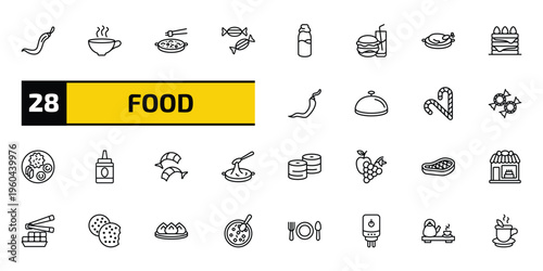 food outline icon set. 28 linear vector for ui, web and mobile. thin line spicy food, coffee cup with steam, chinese food and more icons.