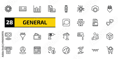 general outline icon set. 28 linear vector for ui, web and mobile. thin line outsourcing, credit cards, ar graph and more icons.