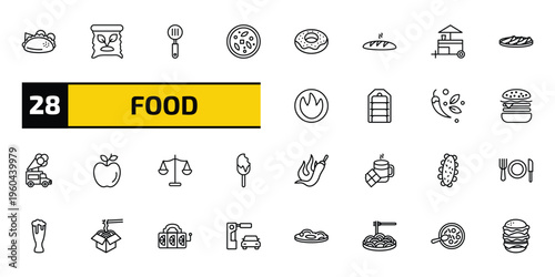 food outline icon set. 28 linear vector for ui, web and mobile. thin line mexican, organic food, slotted spoon and more icons.