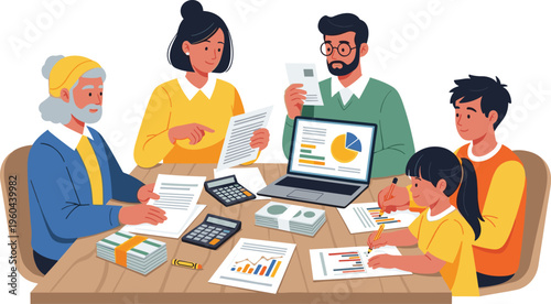 Family budget planning with financial documents and laptop analytics, personal finance management and savings concept flat vector illustration