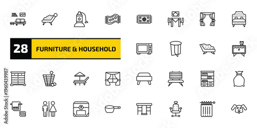 furniture & household outline icon set. 28 linear vector for ui, web and mobile. thin line livingroom, fainting couch, sump pump and more icons.