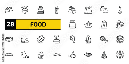 food outline icon set. 28 linear vector for ui, web and mobile. thin line cheese wedge, drink in a coconut, celebration cake and more icons.