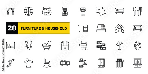 furniture & household outline icon set. 28 linear vector for ui, web and mobile. thin line curtains, globe, fish bowl and more icons.
