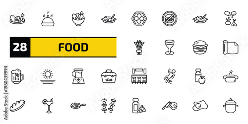 food outline icon set. 28 linear vector for ui, web and mobile. thin line vegetarian food, serving dish, bowl with vegetables and more icons.