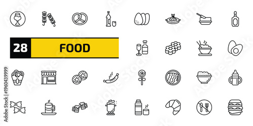 food outline icon set. 28 linear vector for ui, web and mobile. thin line drinking zone, kebab, pretzel and more icons.