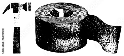 Vintage style halftone graphic depicting hammer and duct tape roll, DIY repair tools, workshop essentials, punk aesthetic, utility items.