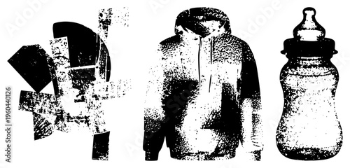 Black and white halftone vector graphic of, baby bottle, and fragmented geometric forms. Artistic digital illustration with gritty texture, isolated elements, palette.
