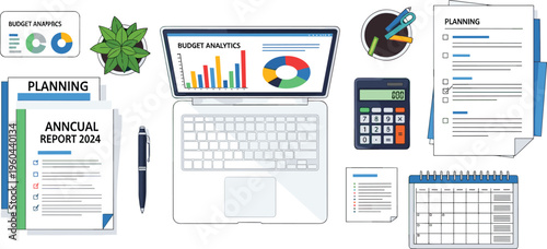 Business planning workspace with laptop analytics charts and financial documents, annual report and strategy concept flat vector illustration