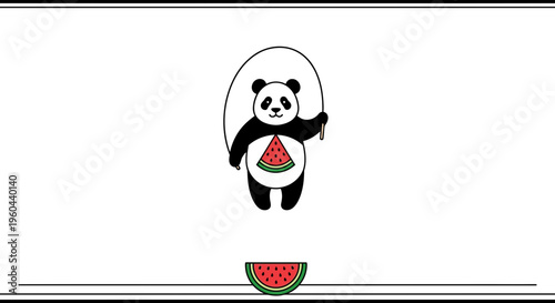 Jumping Panda with Watermelon Slice on Chest, Skipping Rope, Healthy Lifestyle