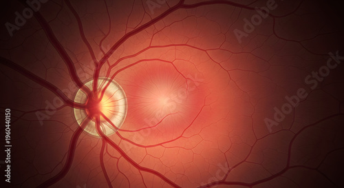 Human retina anatomy illustration showing optic disc and blood vessels, medical fundus conceptual 3D render