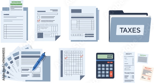 Tax documents and accounting paperwork set with calculator and files, financial reporting and audit concept flat vector illustration