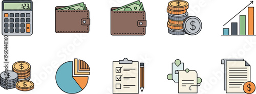 Finance and business icons set with calculator wallet coins charts and documents, accounting and investment concept flat vector illustration