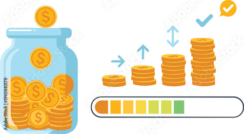 Savings growth concept with coin jar and increasing stacks, financial progress and investment success flat vector illustration