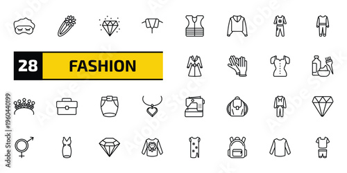 fashion outline icon set. 28 linear vector for ui, web and mobile. thin line sleeping mask, barrette, diamond precious stone and more icons.