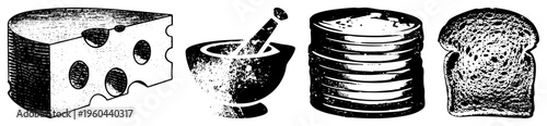 cheese block with holes, mortar and pestle grinding spices, stack of sliced bread, single toast slice all rendered in halftone dot,, food set.
