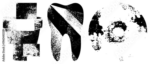 Black and white halftone dental including tooth, stethoscope, and globe with distressed texture. Medical, dental, global health symbols in gritty vector art style.