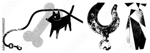Black and white vector of dog with leash and bone, industrial hook, and abstract cat, halftone texture, minimalist flat design, isolated graphic elements.