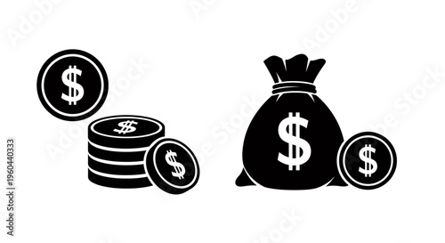 Coins and money bag icon representing business and finance in a simple illustration.