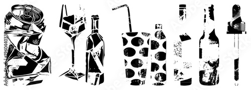 Black and white stylized drink containers, cocktail glass, bottle, soda cup with polka dots, dropper bottle, halftone textured vector art, isolated beverage.