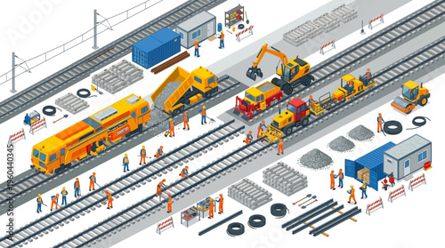 Isometric vector illustration: railway construction and maintenance scene with workers, specialized machinery, and infrastructure work.