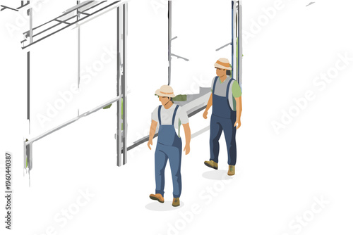 Construction workers inspecting solar panels on a rooftop structure