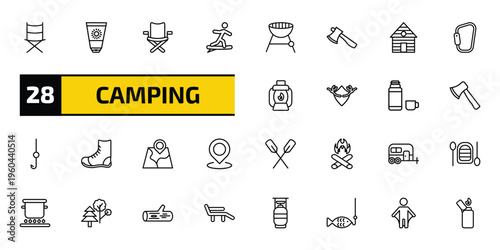 camping outline icon set. 28 linear vector for ui, web and mobile. thin line folding chair, sun lotion, camp chair and more icons.