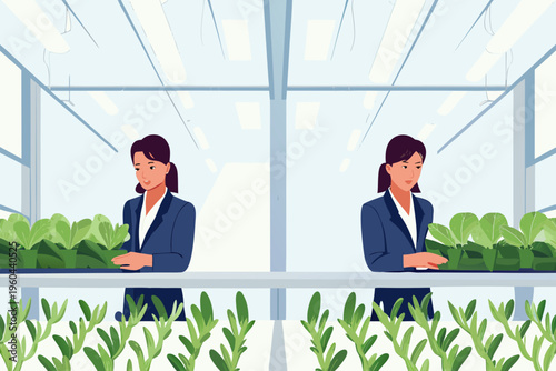 Woman inspecting leafy green plants in a modern indoor vertical farm