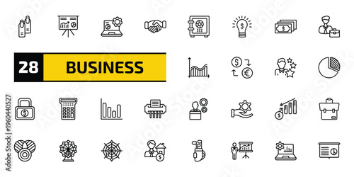 business outline icon set. 28 linear vector for ui, web and mobile. thin line nails, stellar, data analytics and more icons.