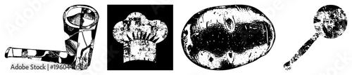 Retro styled smoking pipe, chef’s toque, rustic potato, and kitchen spatula classic culinary and smoking rendered in distressed vector art.
