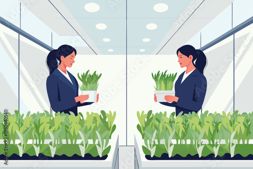 Woman in a suit holding plants reflected in a mirrored hallway